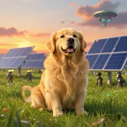 studio ghibli, fat golden retriever, grass field, sunset, solar, green technology, optimist future by asher durand. intricate artwork by tooth wu and wlop and beeple and dan mumford and greg rutkowski and nekroxiii. halo. octane render, cinematic, hyper realism, octane render, 8 k, depth of field, bokeh. iridescent accents. vibrant