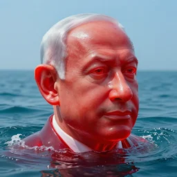 a sculpture made out red jelly in the sea of a giant benjamin netanyahu head, long shot, hyper detailed, hyper realistic, ray tracing, 8 k resolution, sharp focus, realistic water, award winning