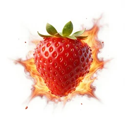 exploding strawberry, octane render, highly detailed fire, highly detailed explosion, white background, ue 5, big explosion, realistic colors, realistic shadows, realistic reflections