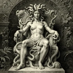 the gardens of Medusa, with medusa on throne, hyperdetailed, artstation, cgsociety, by greg rutkowski, by Gustave Dore, by luis royo