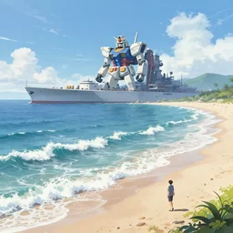 A very beautiful serene coast landscape scene with a GIANT MECHA style BATTLESHIP looming in the distance, bright sunny waves splashing on the beach, rendered by simon stålenhag, rendered by Beeple, Makoto Shinkai, syd meade, environment concept, digital art, Gundam style, starwars, unreal engine, 3 point perspective, WLOP, trending on artstation, low level, 4K UHD image, octane render,