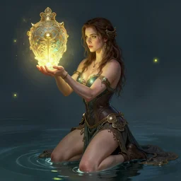 Natalie Dormer as a ruggedly handsome heroine kneeling lifting a heavy glowing artifact from the shallow water, intricate, elegant, highly detailed, artstation, concept art, smooth, sharp focus, illustration, art by artgerm and donato giancola and Joseph Christian Leyendecker, WLOP, fireflies