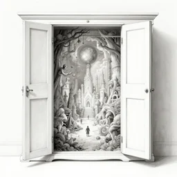 storybook illustration of an open wardrobe revealing the entrance to a fantastic world, storybook illustration, monochromatic