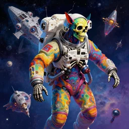 A psychedelic skeleton on a spacewalk around a spaceship that is a lich, vibrant color scheme, highly detailed, in the style of romanticism, cinematic, artstation, Moebius, Greg rutkowski