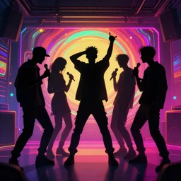 friends doing karaoke, epic pose, silhouetted, distinct, digital art, vaporwave, psychedelic hip-hop, surreal, trending on Artstation, professional artist, detailed, 4k