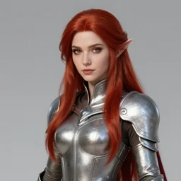 portrait character design a beautiful female elven cleric with long red hair, metal armor, red cape, style of final fantasy and kingdom hearts and arcane, 3 d animation demo reel, portrait studio lighting by jessica rossier and brian froud and gaston bussiere,