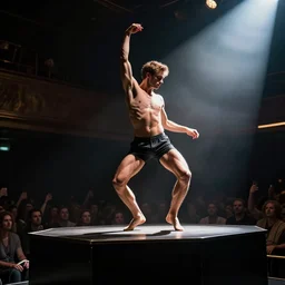 jacob rees - mogg dancing shirtless on a nightclub podium, dramatic angle