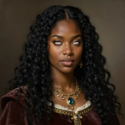 character design, portrait of a attractive dark skinned woman with long black curly hair and white eyes, medieval, jewels, painting by wlop, nixeu and greg rutkowski, beautiful, cgsociety, semirealism, artstation, octane render, sharpness, 8 k, golden ratio