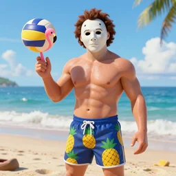 Michael Meyers on the beach in swimming trunks with pineapple design holding a pink flamingo volleyball, hyperdetailed, artstation, cgsociety, 8k
