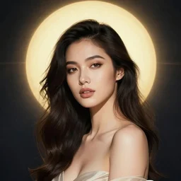 a portrait of a very beautiful and sensual goddess with halo behind her head, in the style of WLOPand Ross Tran and Nicolas Party