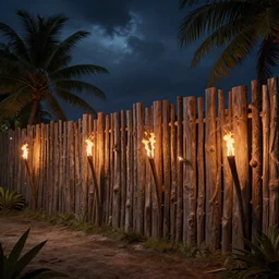 wooden palisade wall on a tropical island kit by torches in a Storm night, intricate Details, raphael lacoste, eddie mendoza, alex ross, concept art, matte painting, highly detailed, rule of thirds, dynamic lighting, cinematic, detailed, denoised, centerd, clean render