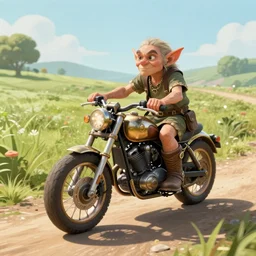 a goblin wearing high riding boots riding a steampunk motorcycle on a dirt road in a meadow in mid day, volumetric light, soft ligthing, soft shadows, hyperdetailed, artstation, cgsociety, 8k