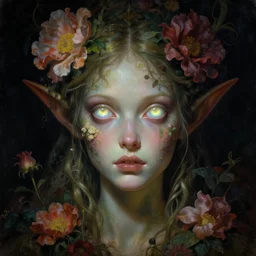 baroque neoclassicist close - up sci - fi portrait of female elf nymph overgrown with flowers and big glowing eyes. iridescence. dark black ominous background, glowing atmosphere. highly detailed science fiction horror fantasy painting by norman rockwell, frank frazetta, and syd mead. rich colors, high contrast, gloomy atmosphere. trending on artstation and behance.