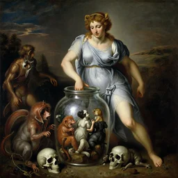 a painting of pandora opening her jar, releasing critters that impersonate sickness and death in the style of realism, greek mythology