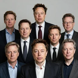 a photograph of 10 people. Everyone has a head of Elon Musk