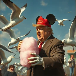 donald trump wearing mickey mouse hat fighting seagulls that are trying to eat the cotton candy he's holding, style of rembrandt