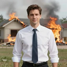 a photo of a house burning down in the background and agent 4 7 with an eerie expression in the foreground, strong depth of field