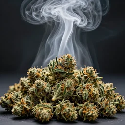 photo of a pile of cannabis buds, fractal white smoke rising, award-winning photo, light rays, magical realism