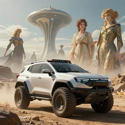 a futuristic offroad suv by artgerm and greg rutkowski and alphonse mucha, zaha hadid, an epic fantasy, volumetric light, detailed, trending on art station, octane render, horizon forbidden west