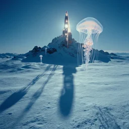 the first snow on a young earth, majestic landscape, long shadows, glowing fractal jellyfish, still frame from the voyage of time movie by terrence malick with cinematogrophy of emmanuel lubezki with art direction of giger, arri alexa, ultra wide anamorphic lens, optical flares, 8 k
