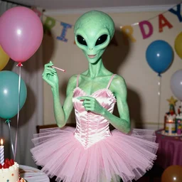 Alien from the Alien movies wearing a tutu at his birthday party, nostalgic 90's photo