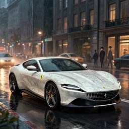ferrari roma under rainy urban lights, in marble incrusted of legends official fanart behance hd by jesper ejsing, by rhads, makoto shinkai and lois van baarle, ilya kuvshinov, rossdraws global illumination