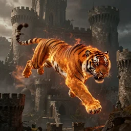 tiger of fire accurate anatomy flying over a medieval castle, dark postapocaliptic scenery, massive architecture, realistic, precise, sharp, high quality, ultrarrealistic, octane render, unreal engine, povray, raytracing, volumetric light, hdr