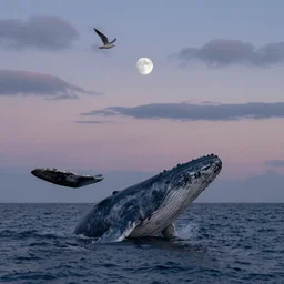 realistic ocean in the sky, dusk, whale, clouds, moon, water, seagulls - H 1024 - W 640 - n 9 - i