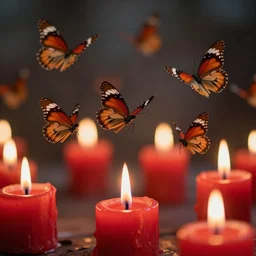 Macro photography of flock of small butterflies flying over burning red candles symbolizing human souls, bokeh, defocus, 8K, realistic details, tense atmosphere -w 1350 -h 650