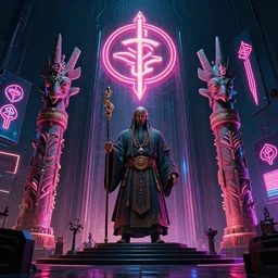 shaman cyberpunk, shaman totems, shaman symbols, shaman architecture, neon billboards, neon lights, photorealistic, vfx, elegant, ultra sharp lines, 4 k, unreal engine 5, octane render, extreme contrast