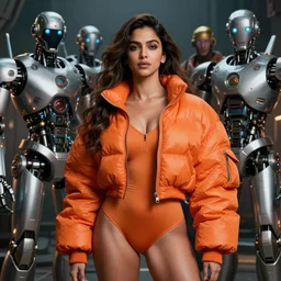 beautiful fantasy character portrait, deepika padukone, wearing orange puffy bomber jacket with leotard, futuristic robots, ultra realistic, dramatic lighting, robots, the fifth element artifacts, highly detailed by peter mohrbacher, hajime sorayama, wayne barlowe, boris vallejo, aaron horkey, gaston bussiere, craig mullins