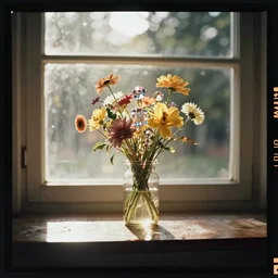 kodak portra 4 0 0, wetplate, pinhole, moody still life 1 8 4 5 portrait by charles sheeler of a single jar filled with flowers, sparkling jewels between a sunlit window, in bright warm sunlight, godrays shinging through the window, golden summer, muted colours, haze, trees outside, no people