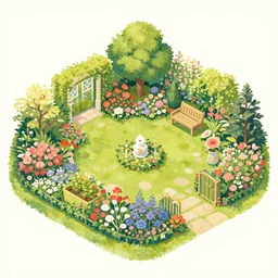 an illustration of a beautiful garden, isometric view, painted