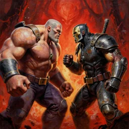 a fight promotional poster of doomguy and masterchief facing off in hell, 8 k, stunning detail, works by artgerm, oil on canvas by gerald brom and greg rutkowski, michael cheval, peter murbacher, boris vallejo, jessica rossier, cinematic lighting, high detail, masterpiece, a lot of wow, artstation headquarters