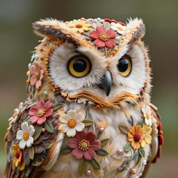 medium close - up shot of a very cute and highly floral ornamented owl chick, floral ornaments woven between the featers of the owl. by esao andrews, by m. w. kaluta, by yoshita amano, volumetric light, rich colors, natural lighting, very humorous!!!, smooth, depth perception, 4 k, unreal engine 5, artstation