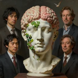 bust of steve buscemi, technology vs nature, split in half, falling out of the face, the truly amazing part about this is that it increasingly appears our cortical evolution reflects this emergent tension, photorealistic by michael komarck, greg rutkowski, victo ngai, artgerm, willem claesz heda and j. dickenson