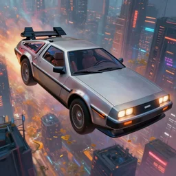 an epic fantasy comic book style portrait painting of a delorean flying over a cyberpunk city, studio ghibli, unreal 5, daz, hyperrealistic, octane render, cosplay, rpg portrait, dynamic lighting, intricate detail, harvest fall vibrancy, cinematic