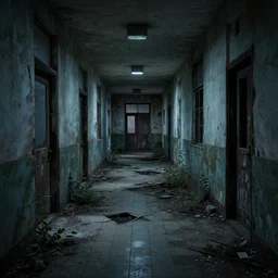 abandoned hospital hallway, horror movie still, broken tiles, vegetation, cinematic, nighttime, greg rutkowski, artstation