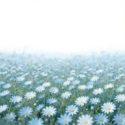 field of light blue daisies, matte painting, white sky