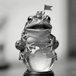 A big frog with a wide open mouth. The big frog has a small frog in its mouth. The big frog sits on top of a backlit glass sphere. The small frog waves a small flag. Monochrome, 24mm tilt-shift. Award-winning photo.