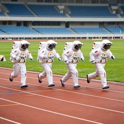 4 astronauts running in a track meet, stadium shot