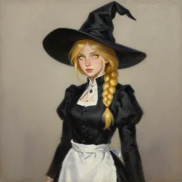 portrait of a young witch with blonde hair with single braid and golden yellow eyes, wearing black vest and skirt, white waist apron and undershirt, and pointed black witch hat, thoma greg rutkowski michael whelan nekro illustrated art by ashley wood, detailed painting, shimmer oil on canvas artstation