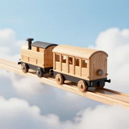 wooden train vagon flying through the clouds