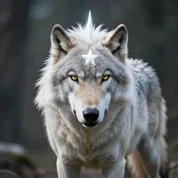 a giant grey wolf with a white main and two unicorn horns on its head, a white star shape on his four head, yellow eyes, beautiful, ultra realistic, great wolf, unreal engine 5, dynamic lighting, highly detailed, lightning around