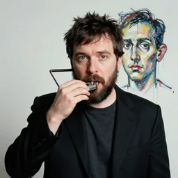 Thom Yorke eating a radio, a man with a beard and a black jacket, a portrait by John E. Berninger, dribble, neo-expressionism, uhd image, studio portrait, 1990s