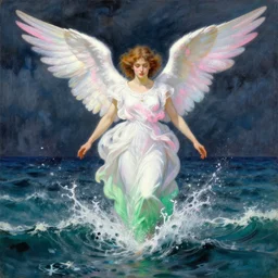 an angel dressed in white pink and green rises from a stormy ocean with a splash. beautiful painting by artgerm and greg rutkowski and alphonse mucha