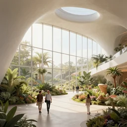 the inside of a museum about the garden of eden, by tim blandin and arthur haas and bruce pennington and john schoenherr, big windows architecture by zaha hadid, octane render, warm colour scheme, white, cinematic, scenery, cgsociety, modernism, futuristic, trending on artstation, sci - fi, high detail, high quality, close up angle, people walking