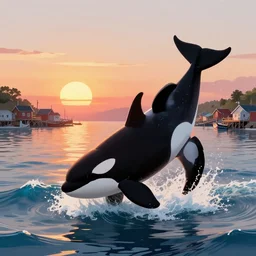 a terrifying orca tapdances off the coast of a small fishing village, pads of waves as the sun sets, the fishing village off in the horizon, digital art