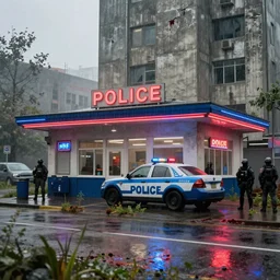 post apocalyptic police station, raining, building, avenue, urban americana concrete architecture, paved roads, by thomas kinkade, pascal blanche, greg rutkowski, shaddy safadi, neil blevins trending on artstation, photorealistic, neon ambiance, ultra detailed, high definition, depth of field, bokeh, wild vegetation, blood stains, crumbling, post - apocalyptic warriors