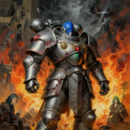 composition of gothic and futuristic, warhammer, cyber japan sty armor, more and more scars, thunderstorm, firestorm, blue head, some red and green, the middle ages, highly detailed, artstation, in the style of moebius, jugendstil and classic japanese print, painting by richard pearce, michael wadleigh, composition by rene magritte, jean delville